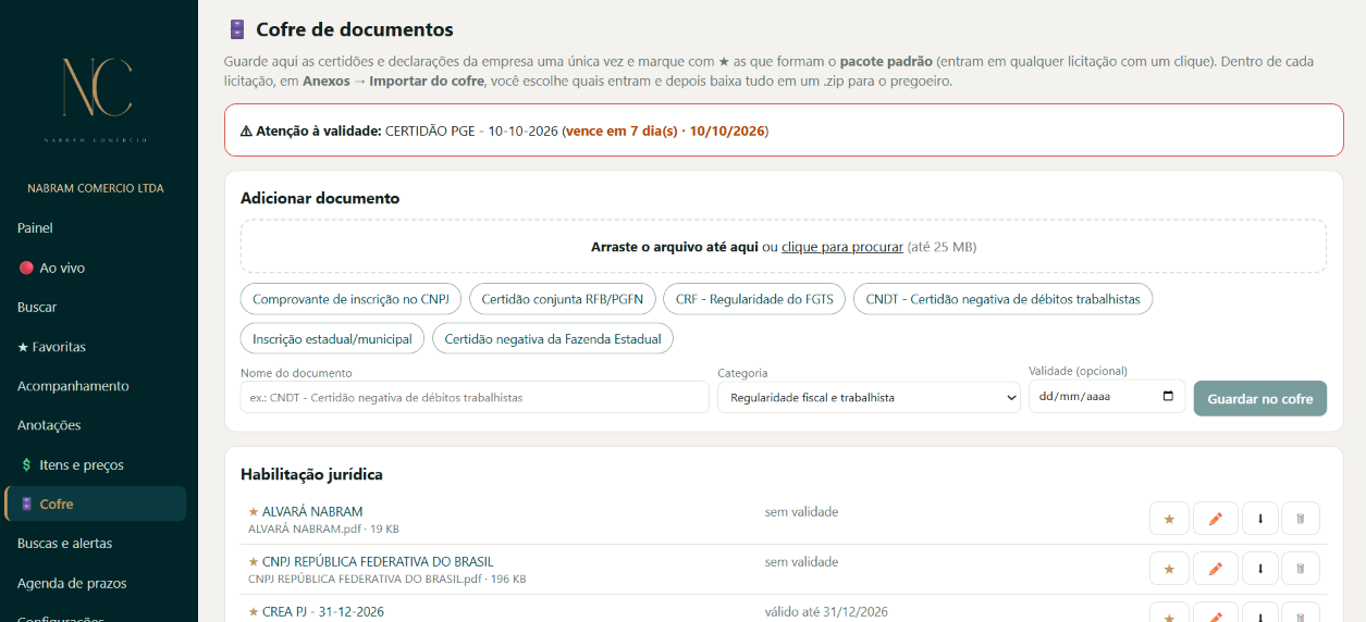 Cofre de documentos com validade
