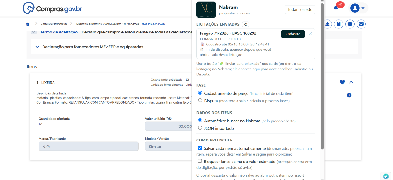 Cadastro de propostas sendo preenchido pela extensão