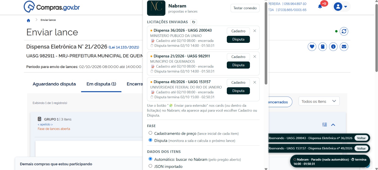 Popup da extensão com licitações enviadas e modos