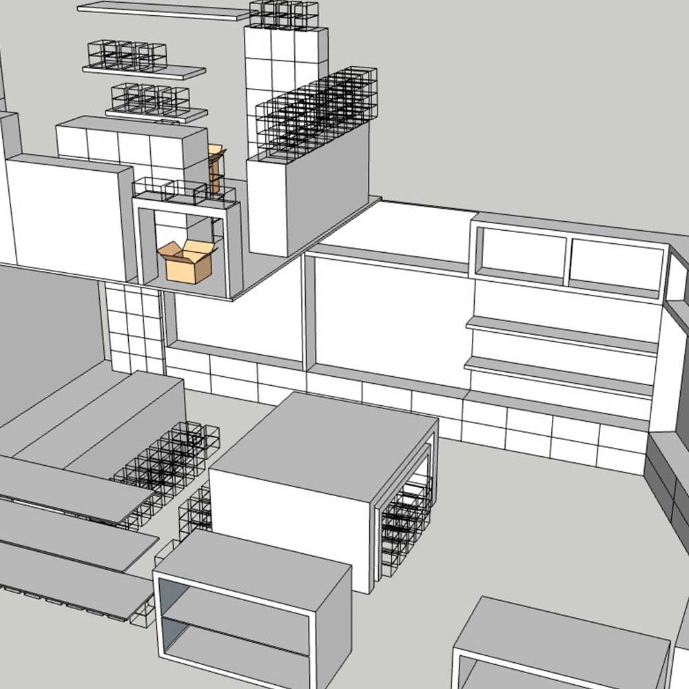 Projeto no SketchUp da loja em 3D com todos os nichos, estantes e armários mapeados para localização de produtos