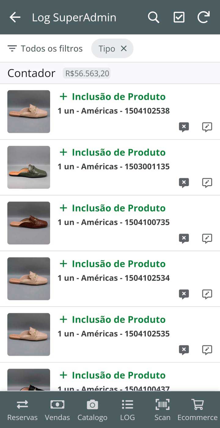 Tela do app com a relação de produtos e filtro de produtos escaneados incluídos no estoque com +1