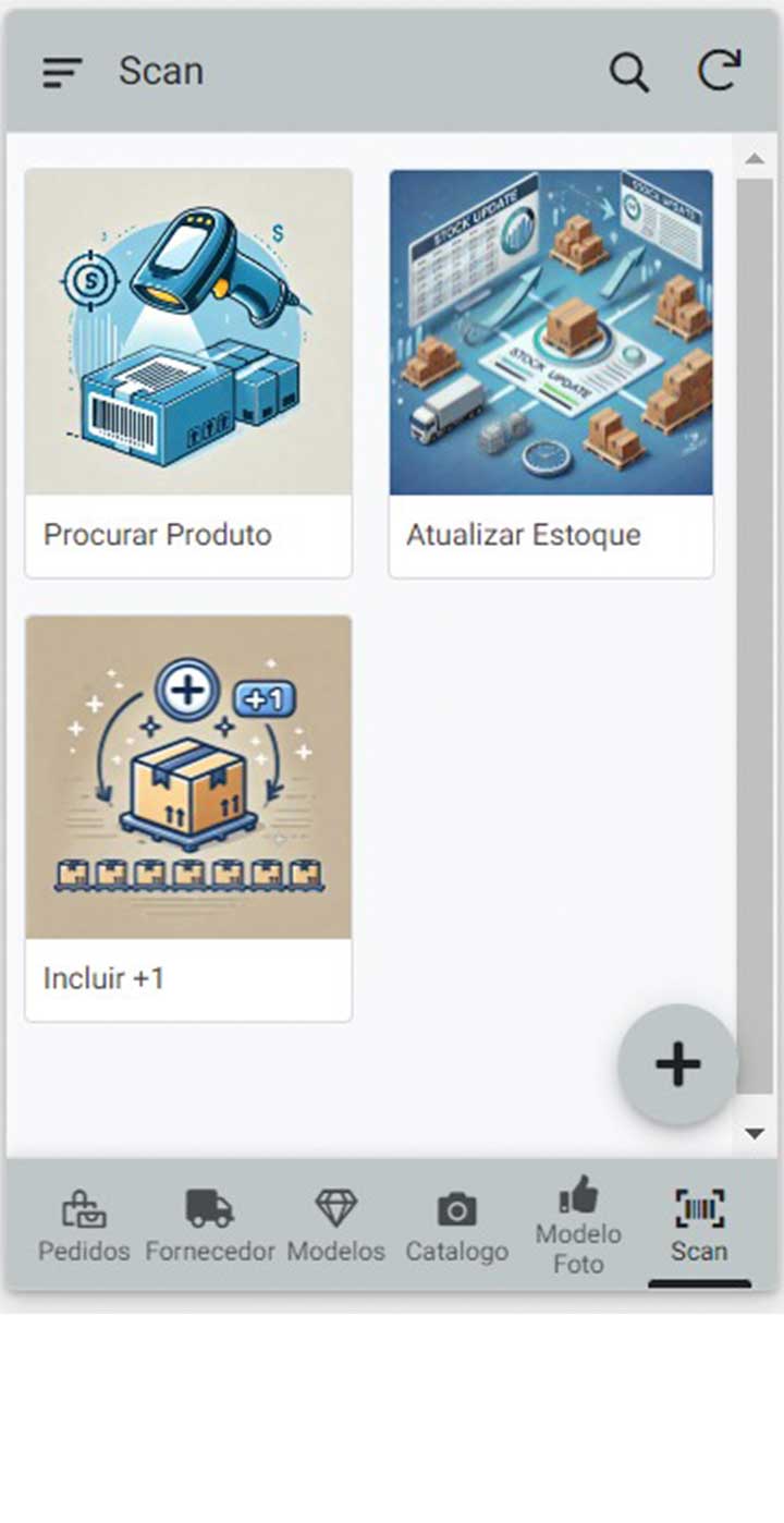 Tela inicial do app com três botões: procurar produto, atualizar estoque e incluir +1